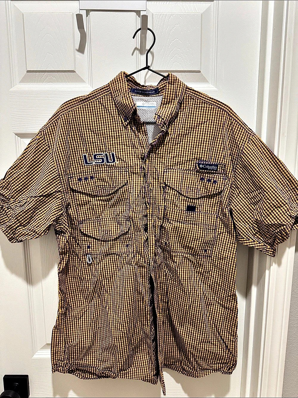 Columbia Super Bonehead Checkered LSU Shirt Purple & Yellow Small Like New